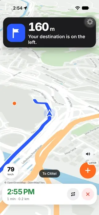 ObsiMap showing the destination 160 metres ahead on the left