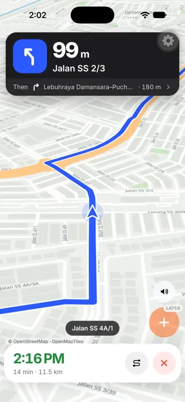 ObsiMap during a drive, 99 metres to the next turn on Jalan SS 2/3