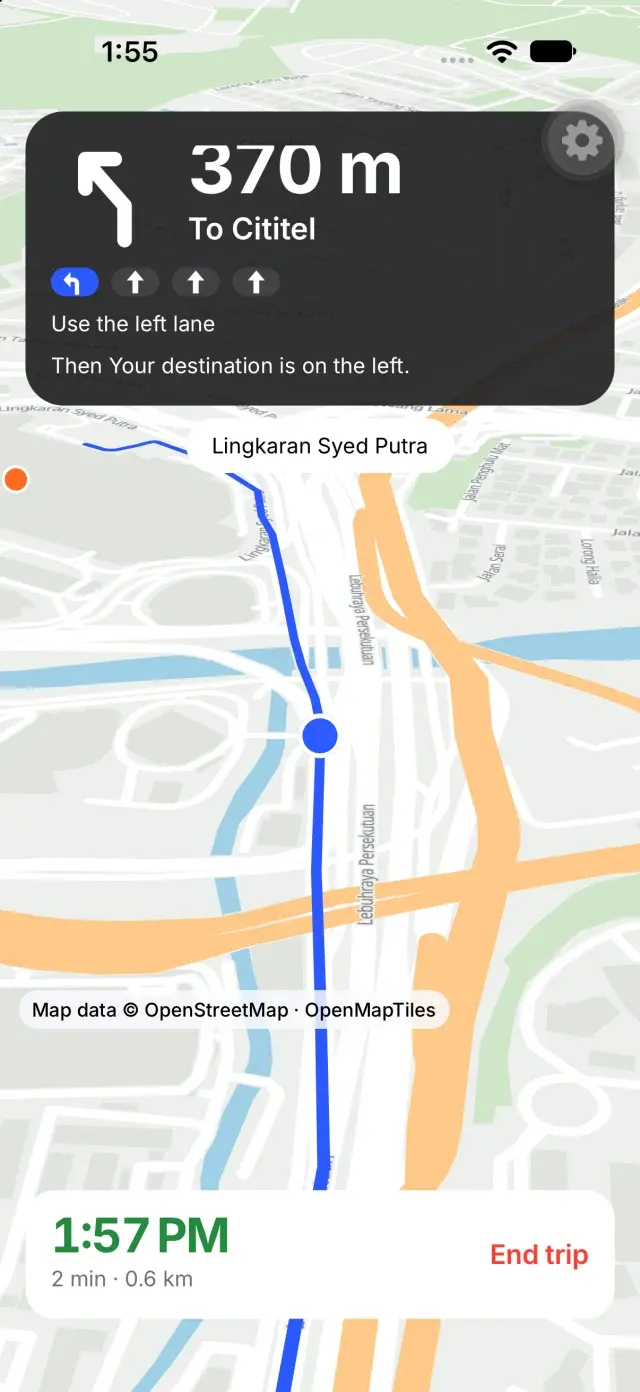 ObsiMap guiding a driver 370 metres to Cititel with lane guidance