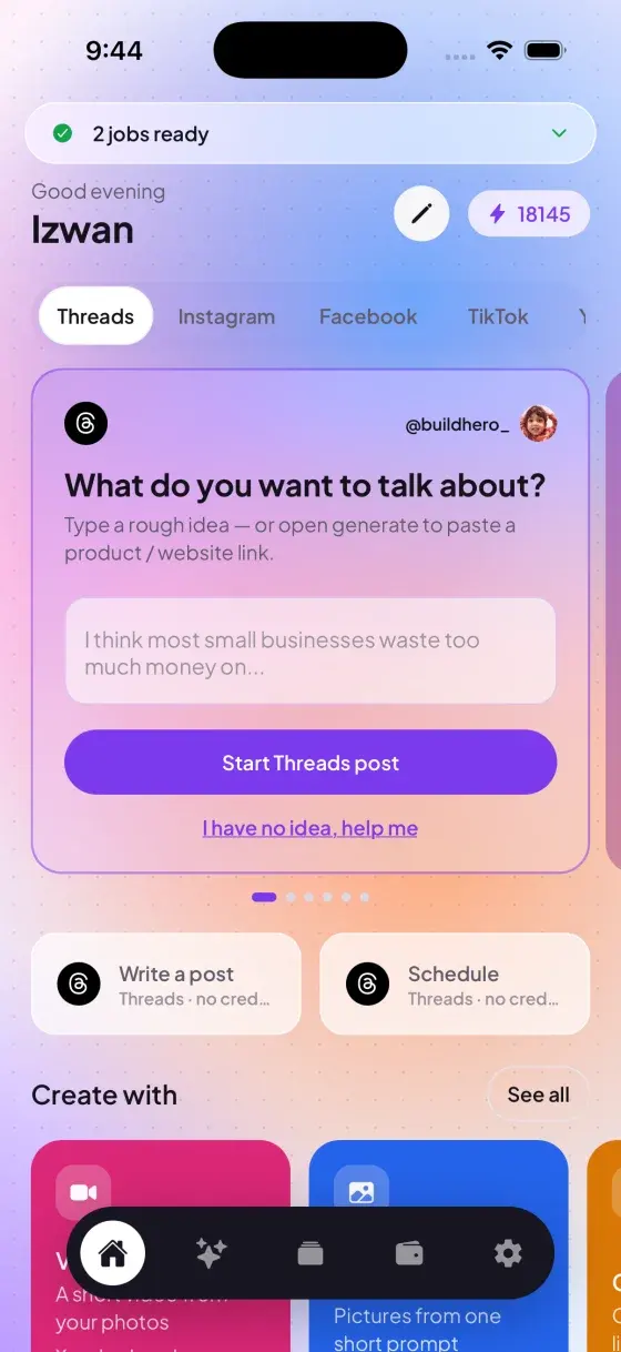 SocialShark home screen asking what you want to talk about, with Threads selected