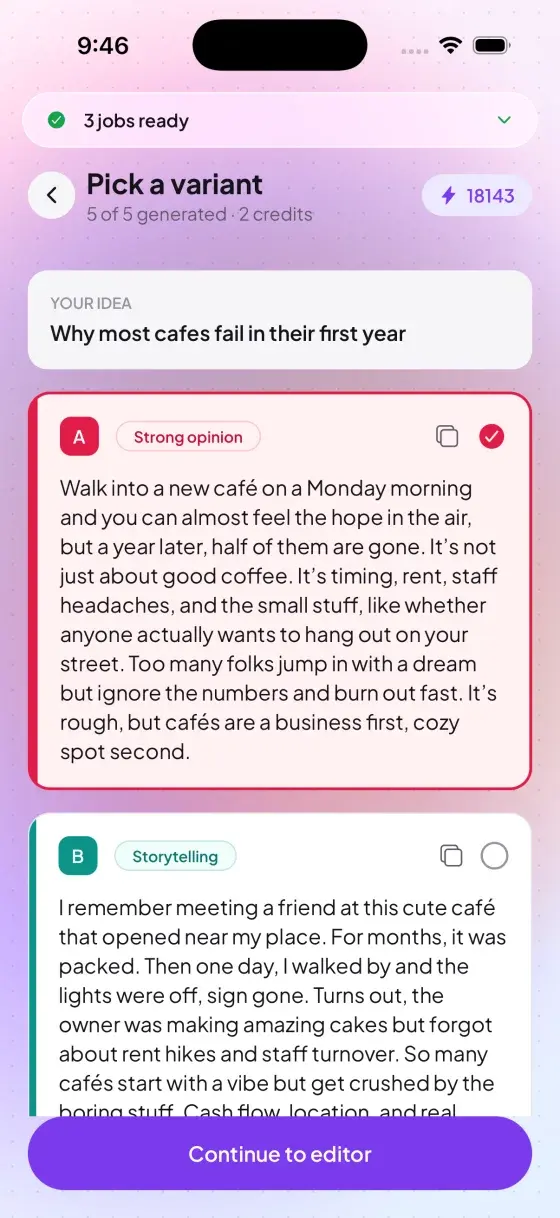 SocialShark showing two AI-written post drafts to choose from