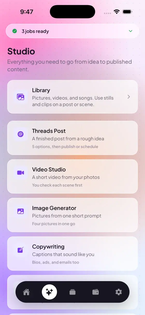 SocialShark studio listing the library, Threads posts, video studio, image generator and copywriting tools
