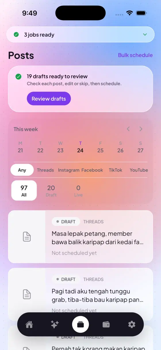 SocialShark posts screen with drafts ready to review and a weekly schedule