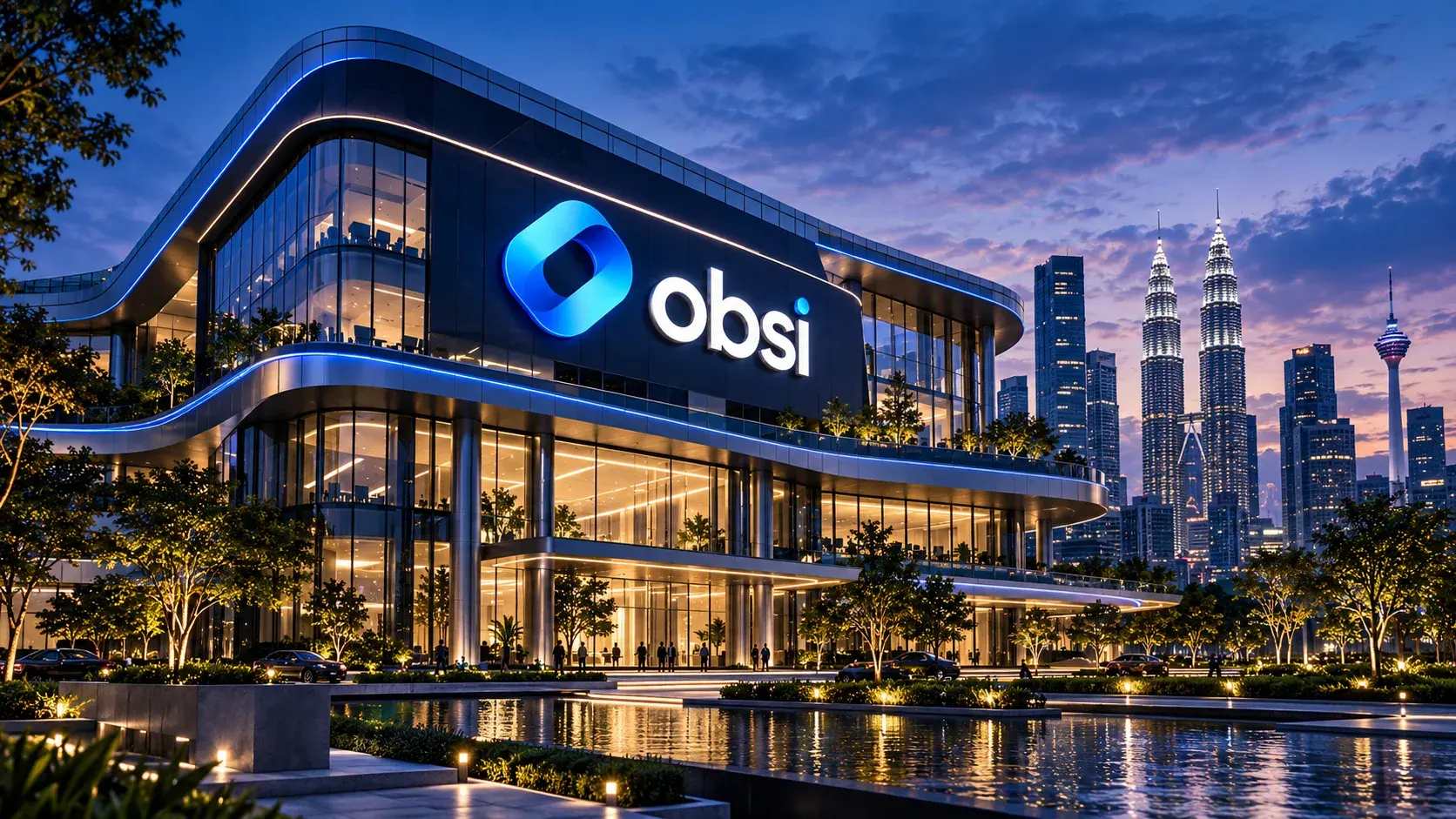 Concept render of a future OBSI headquarters: a curved glass building with an illuminated obsi sign at dusk, with the Kuala Lumpur skyline behind it.
